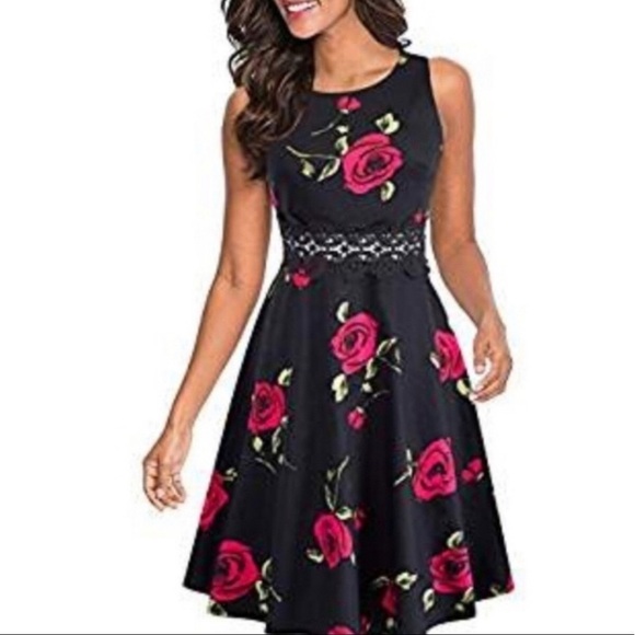 Homeyee Floral Cocktail Black MIDI Dress Large - Picture 2 of 11